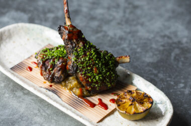 Tea-smoked lamb chops, with miso grilled aubergine (nasu dengaku) and pickled daikon