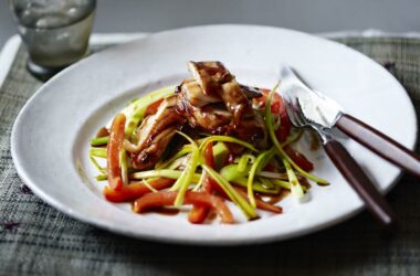 Teriyaki chicken with leek and pepper stir-fry