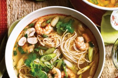 Tiger prawn noodle broth with prawn balls and deep-fried egg