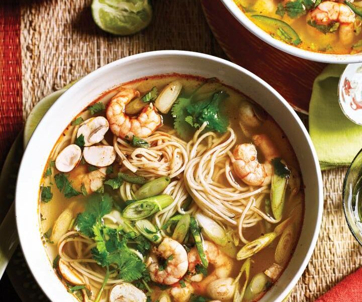 Tiger prawn noodle broth with prawn balls and deep-fried egg