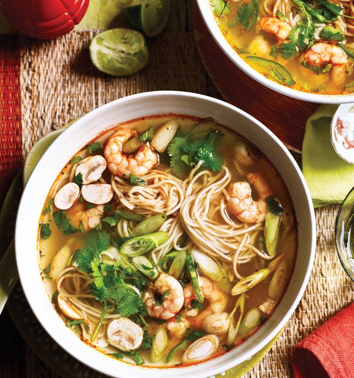 Tiger prawn noodle broth with prawn balls and deep-fried egg